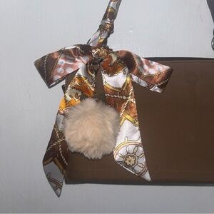 Twilly Silk Handbag Headband Neck Tie Scarf Cream Brown Orange